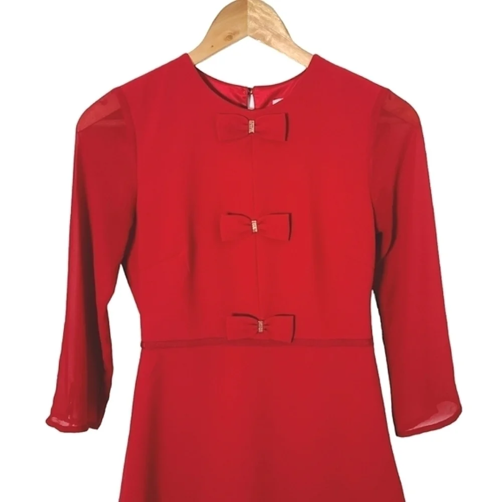 𝅺TED BAKER Red Finna Bow Detail Mini Dress Women's Size  Ted 0/ US 2 - Picture 6 of 15